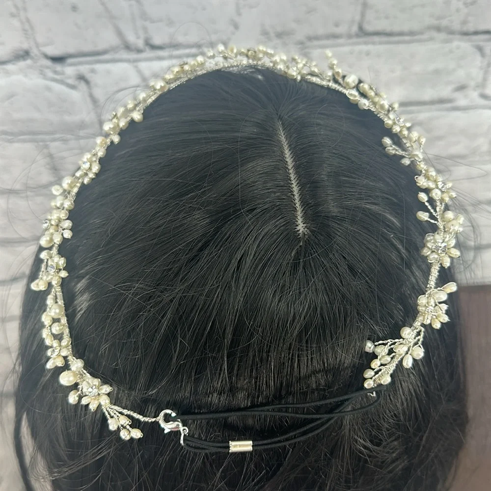 PAISLEY B. DESIGNS Ivory Pearl Rhinestone Headband w/Elastic Bridal Veil NEW!